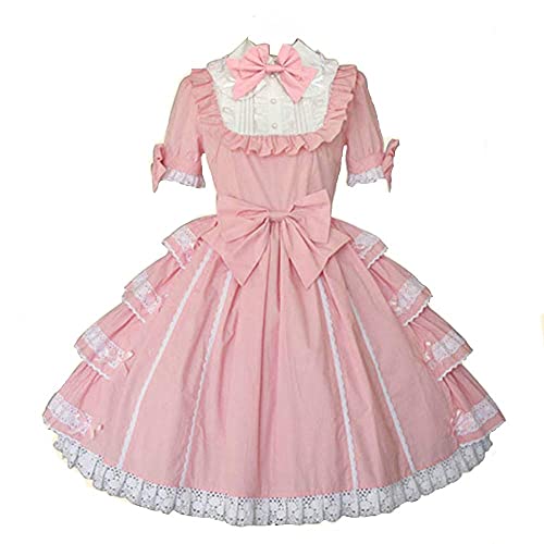 Jeufoin Women Girls Sweet Pink Dress Short Sleeves Kawaii Japanese Style Princess Dresses with Bows - 3X-Large - 1pink