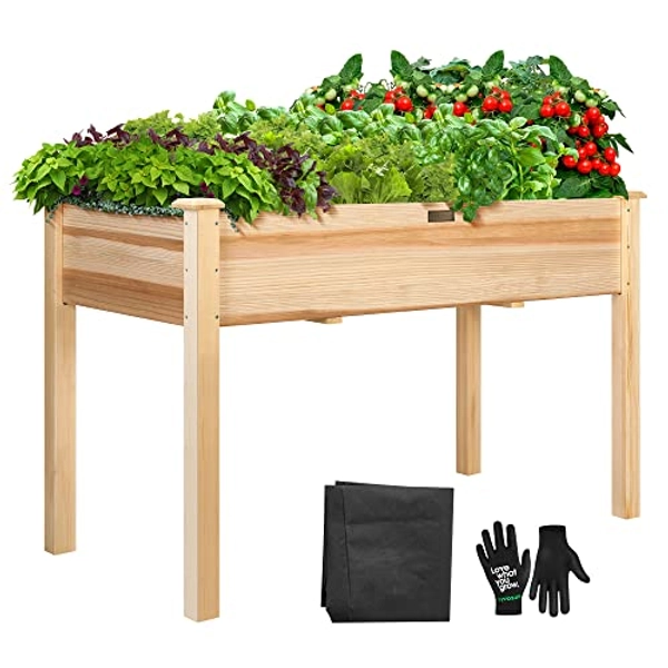 VIVOSUN 48 x 24 x 30 Inches Wood Raised Garden Bed, Outdoor Wood Planter Box with Gloves and a Liner for Gardens, Patios, and Backyard, 220-Pound Capacity - Elevated