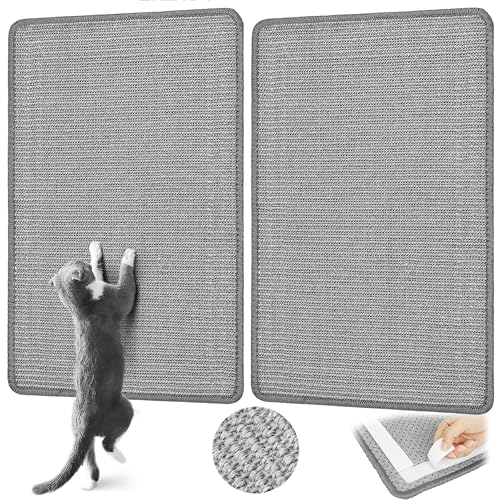 Graciadeco Gray Cat Scratching Mat Sisal, 2 Packs Sisal Fabric Large Cat Scratching Pad for Indoor Cats with Adhesive Hook Loop Tape, Wall Scratchers for Indoor Cats 23.6" x 15.7" - Grey