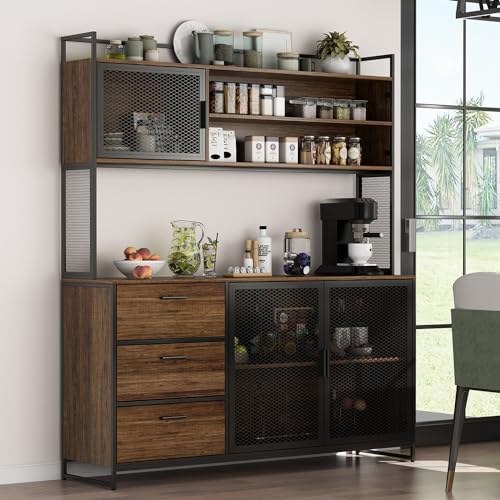 AIEGLE Large Kitchen Hutch Storage Cabinet, Pantry Cabinets with Hutch, Metal Frame Cupboard with Mesh Door, Drawer & Microwave Shelf, Freestanding Kitchen Storage, Brown (59" W x 15.7" D x 68.5" H) - Brown