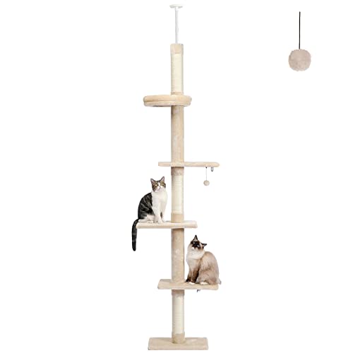 PETEPELA Cat Tower 5-Tier Floor to Ceiling Cat Tree Height(95-107 Inches) Adjustable, Tall Cat Climbing Tree Featuring with Scratching Post, Cozy Bed,Interactive Ball Toy for Indoor Cats/Kitten Beige - Cream Beige