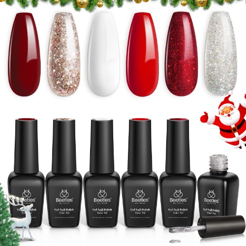 Beetles Candy Cane Gel Nail Polish Set - 6 Pcs Gel Polish Glitter Burgundy Red Sparkle Gel Kit Snow White Silver Nail Gel New Year Kit Girlfriend Christmas Nail Art Design Gifts for Women Mom Mother - 0.25 Fl Oz (Pack of 6) A-Candy Cane