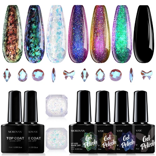 Morovan Chameleon Gel Nail Polish Kit with Base Coat & Top Coat - 4 Colors Chameleon Blue Green Orange Classic Black Polish Soak Off Rainbow Mood Phantom Chameleon Gel Nail Polish Kit Gift Box 10ml Each Bottle - Chameleon