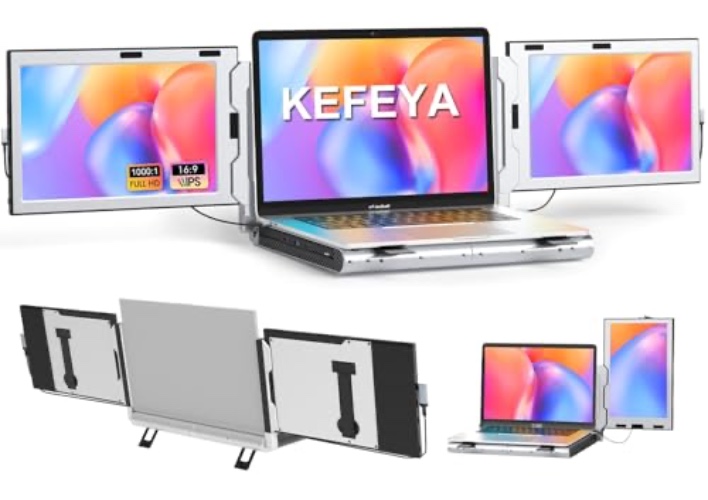 KEFEYA Laptop Screen Extender for 11"-17" Laptop, Upgraded 360° Rotation Triple Monitor for Laptop- 10.1" Portable Screen Extender Full IPS - HDMI/USB-A/Type-C Plug & Play for Wins/Mac/Chrome - 1-Black