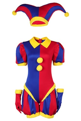 Feeriay Pomni Costume Digital Circus Pomni Cosplay Jumpsuit Hat Gloves Outfits for Adults Women Halloween Party - X-Small - Multicolor