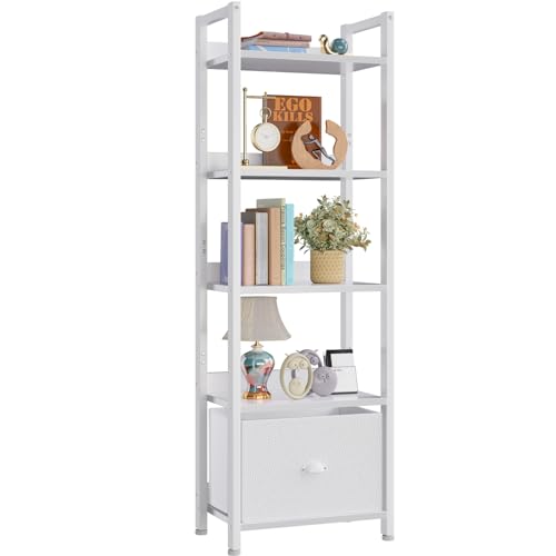Furologee 5 Tier Bookshelf with Drawer, Kitchen Bakers Rack with Storage, Tall Narrow Bookcase, Industrial Free Standing Display Shelf, Wood and Metal Book Shelf for Bedroom, Living Room, Black - White - 5 Tier