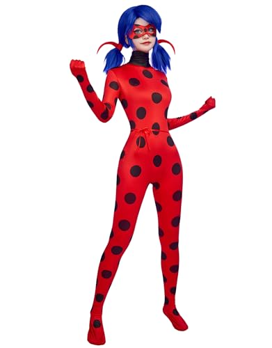 Miraculous Women's Classic Ladybug Screen Printing Jumpsuit with Eye Mask and Yoyo Bag Cosplay Set - Extra small