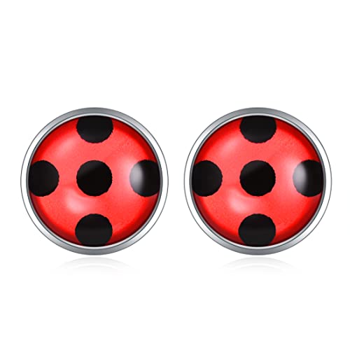 Ladybug Stud Earrings for Woman Girls 925 Sterling Silver Post Cuff Black Spot Red Ladybug Earring - Black circle