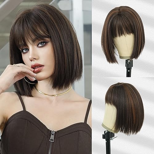 7JHH WIGS Short Straight Wig with Bangs 12in Short Green Bob Wig Synthetic Natural Hair Heat Resistant 150% Density Staight Layered Wig for Women Daily Used - Brown Blonde Highlight Wig