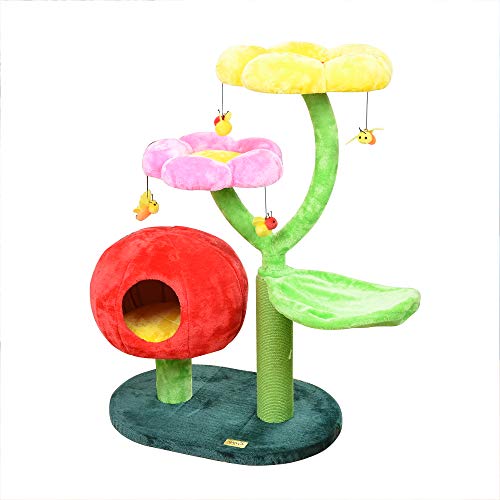 Catry Cat Tree – Nature Looking of Cat beds and Furniture All-in-1, Allure Cats Love to Lounge in and Lazily Recline While Playing with Cute Bees Toys and Scratching Post, Flowers - Garden 40"