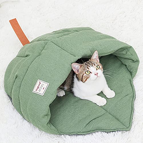 TANGN Cat Sleeping Bag , Linen Fabric Bed Cave Leaf Nest Pet Cuddle Zone Covered Hide Hood Burrowing Cozy Soft Durable Washable with Non-Slip Bottom for Indoor Puppy and Kitten (Green), PD50082