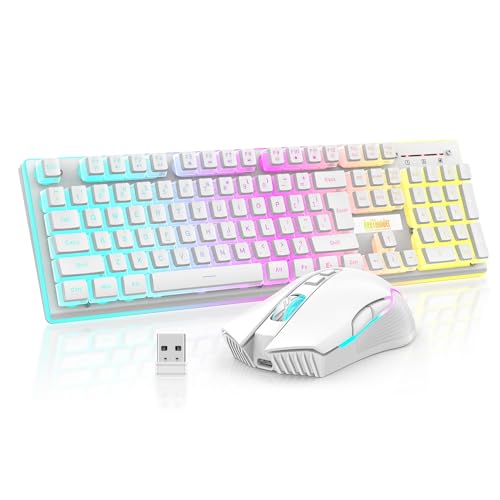 RedThunder K10 Wireless Gaming Keyboard and Mouse Combo, RGB Backlit Rechargeable 3800mAh Battery, Mechanical Feel Anti-ghosting Keyboard with Pudding Keycaps + 7D 3200DPI Mice for PC Gamer (White) - White Pudding