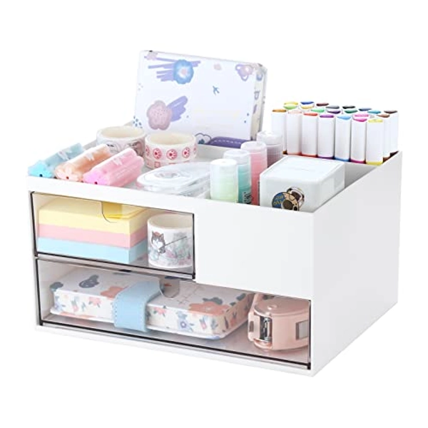 Comix Desk Organizer with 2 Drawer and 4 Compartments, Plastic Makeup Storage, Vanity Organizer, Desk Organizer and Accessories, Desktop Storage, Suitable for Office, School, Home White