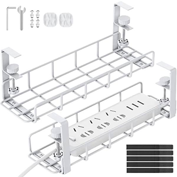 Under Desk Cable Management Tray, 15.7'' White No Drill Steel Desk Cable Organizers, Wire Management Tray Cable Management Rack, Desk Cable Tray with Wire Organizer White(2 pack)