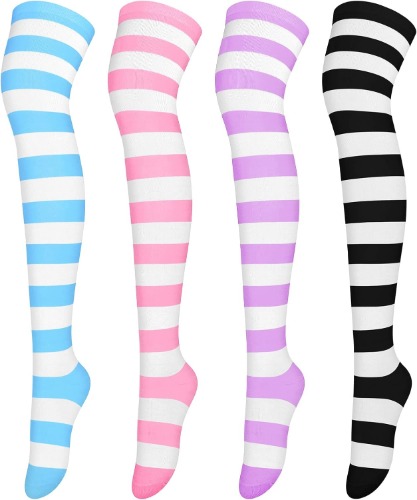 Aneco 4 pairs over knee high stripe socks stripe thigh high socks cosplay accessories for woman girls