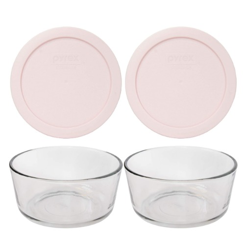 Pyrex (2 7201 4 Cup Glass Dishes & (2) 7201-PC 4 Cup Loring Pink Lids