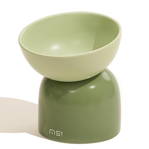 MS!MAKE SURE Elevated Cat Bowl, Ceramic Tilted Cat Food Bowl, Anti Vomit & Whisker Fatigue Cat Bowls for Food and Water (Green) - Green