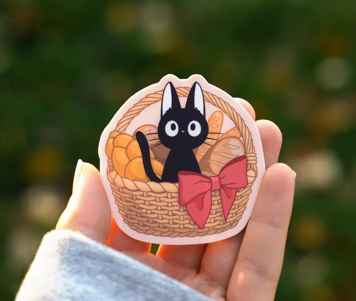 Jiji Bread Basket Sticker | INSPIRED BY Kiki&#39;s Delivery Service | Studio Ghibli Inspired | Cute Bakery Loaf Black Cat | Waterproof Sticker