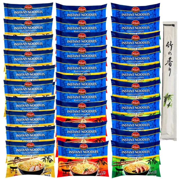 30er Mix Set Asia Gold Instant Nudeln Ramen I Geschmacksrichtungen Rind Huhn Ente I Fertiggericht I OYOY Asia Selection I plus 2 Sets Bio-Einweg-Essstäbchen aus Bambus in Papier verpackt
