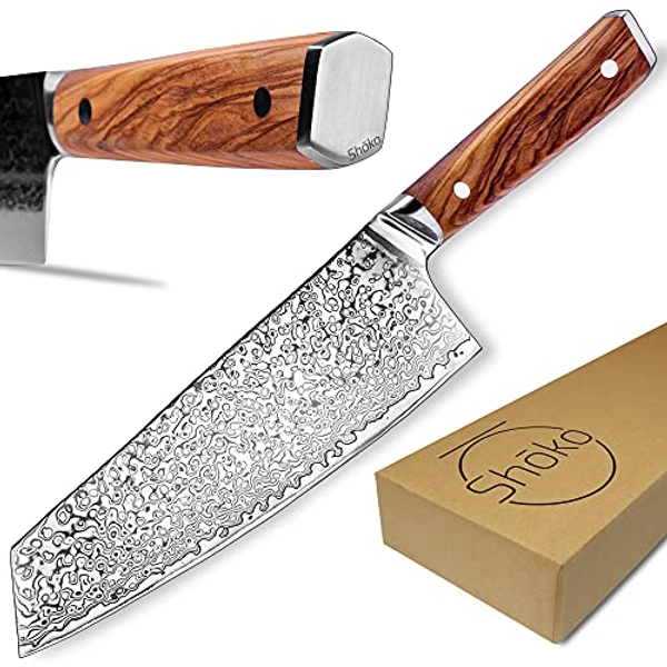 Shoko® Damastmesser Kiritsuke I Persönliche Gravur möglich I Kochmesser Japanische Form - Scharfe 2mm Klinge I Damast-Küchenmesser mit patentiertem Olivenholz-Griff für ermüdungsfreies Schneiden