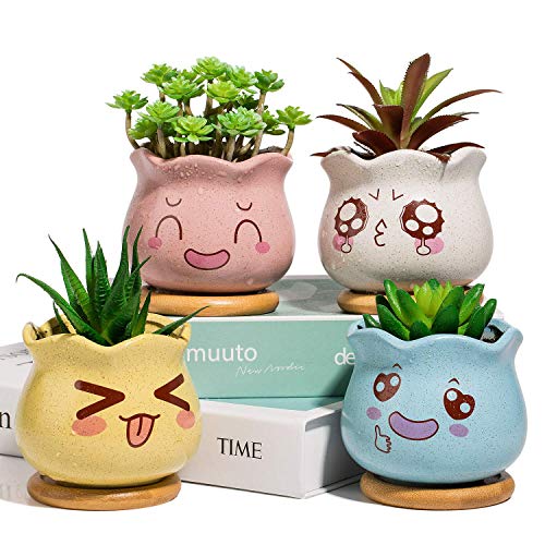 Yangbaga Succulent Plant Pot，4pcs Ceramic Cactus Plant Pot Flower Pot With Bamboo Tray - 4pcs Succulent Plant Pot