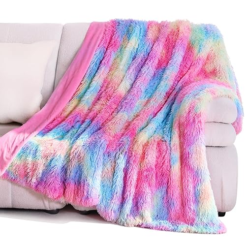 KANKAEU Rainbow Blanket, Fluffy Blanket for Comfort, 160×200cm Rainbow Fleece Blanket, Soft & Warm, Easy-Care Faux Fur Throw - Rainbow - 160x200 cm
