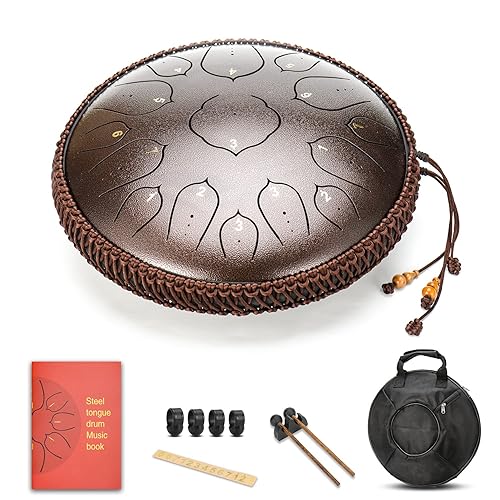AMKOSKR 14 Inches 35cm Steel Tongue Drum D Key 15 Notes Percussion Instrument Hand Pan Drum with Drum Mallets/Carry Bag(Bronze) - Bronze