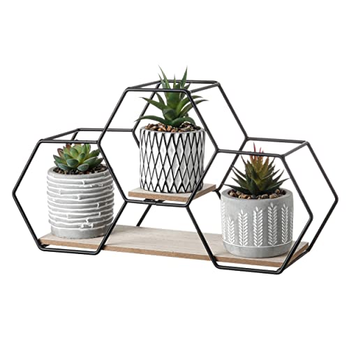 TERESA'S COLLECTIONS Decorative Artificial Succulent Plants, Set of 3 Wall Plants Fake Plants Geometric Ceramic Planter, Indoor Faux Potted Plants for Home Decor, Spring Decoration, Table, H18cm