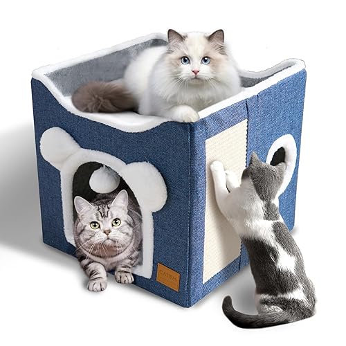 CATISM Cat Bed for Indoor Cats Foldable Cube Cat House Indoor Multifunctional Large Cat Cave for Cat with Scratch Board and Fluffy Ball for Pets, 15.7 * 15.7 * 15inch, Blue - Blue