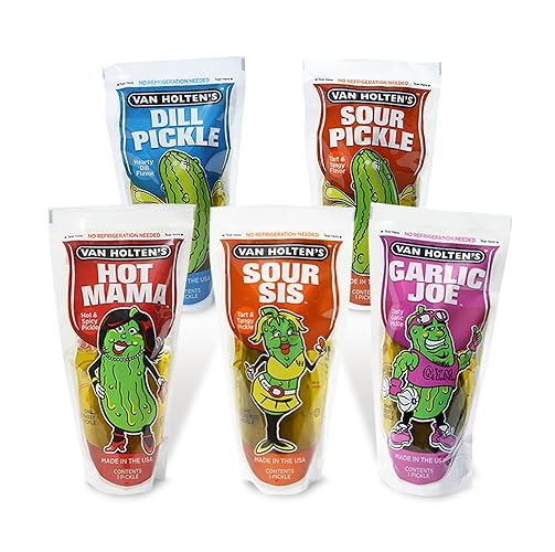 Van Holten's Pickle-In-A-Pouch Variety (5 Pack) | Assortment of Hot & Spicy, Dill, Sour & Zesty Garlic Flavours | Gluten Free, Fat-Free, Certified Kosher | On-The-Go Pickles - 5-Pack