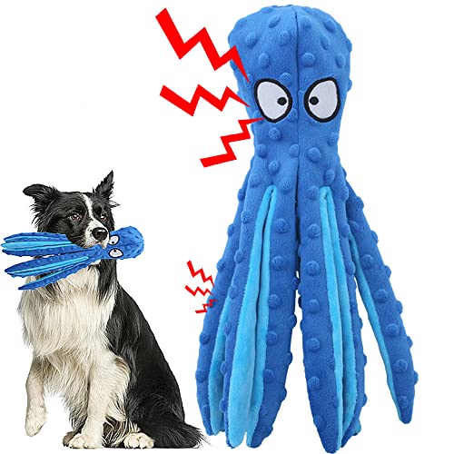 Squeaky Dog Soft Toy, No Stuffed Octopus Dog Chew Toy with Crinkle Paper Plush Dog Teeth Cleaning Toy for Medium Large Dog (Blue)