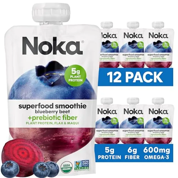Noka Superfood Fruit Smoothie Pouches, Blueberry Beet, Healthy Snacks with Flax Seed, Plant Protein and Prebiotic Fiber, Vegan and Gluten Free Snacks, Organic Squeeze Pouch, 4.22 oz, 12 Count - 4.22 Ounce (Pack of 12)