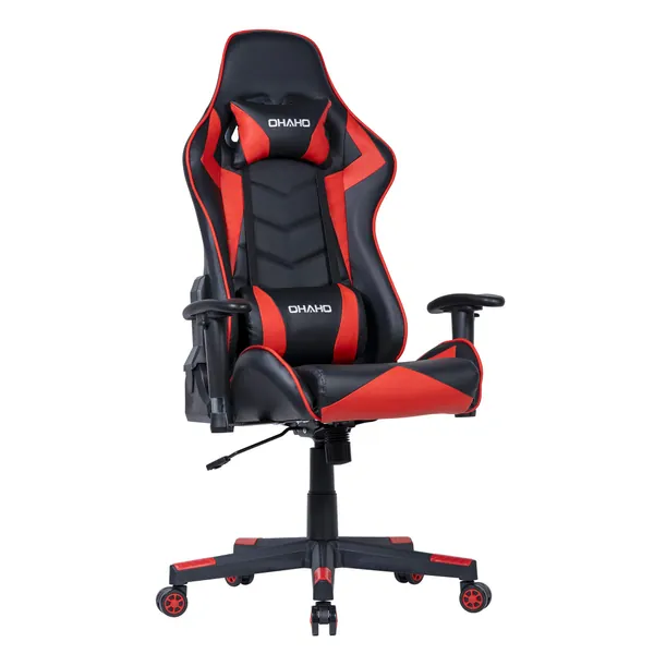 OHAHO Gaming Chair Racing Style Office Chair Adjustable Massage Lumbar Cushion Swivel Rocker Recliner PU Leather High Back Ergonomic Computer Desk Chair with Retractable Armrest (Red) - Red