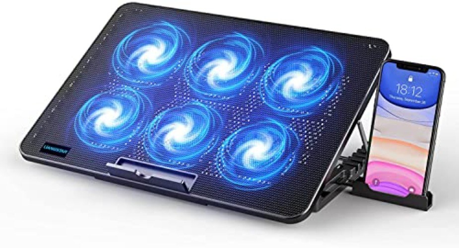 LIANGSTAR Laptop Cooling Pad, Laptop Cooler with 6 Quiet Fans at 2100RPM, Laptop Stand with Phone Holder, 7 Heights Adjustable & USB Powered, suitable for 12-17 Inch, New 2022 Version (Blue) - Blue