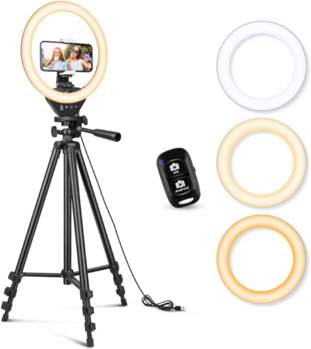 Sensyne 10'' Ring Light with 50'' Extendable Tripod Stand, LED Circle Lights with Phone Holder for Live Stream/Makeup/YouTube Video/TikTok, Compatible with All Phones - 10 inches