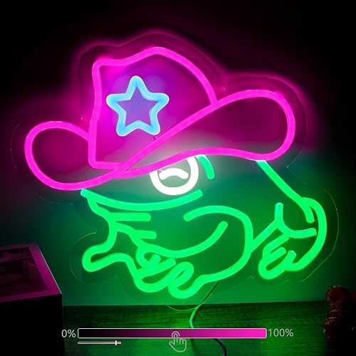 Moodlion Cowboy Hat Neon Signs for Wall Decor, Dimmable Frog Neon Art Sign LED Light Man cave Cool Funny Bedroom Room Lights, Cute Neon Light Up Signs Frog Decorations Birthday Party Gifts - frog