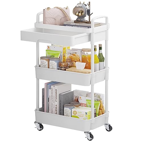 Calmootey 3-Tier Rolling Utility Cart with Drawer,Multifunctional Storage Organizer with Plastic Shelf & Metal Wheels,Storage Cart for Kitchen,Bathroom,Living Room,Office,White - 3-Tier - White