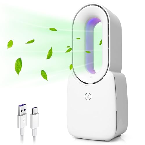 CONBOLA Desk Fan, Bladeless Fan 11.8 inch Small Personal Cooling Fan with 5 Colors LED Light, Touch Control, Quiet Table Fan for Bedroom, Home, Office - USB Powered - pearl