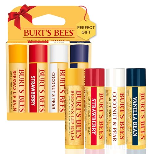 Burt's Bees Lip Balm Stocking Stuffers, Moisturizing Lip Care Christmas Gifts, Original Beeswax, Strawberry, Coconut & Pear, Vanilla Bean with Fruit Extracts, 100% Natural, Multipack (4-Pack) - Best Of Burt's - 4 Count (Pack of 1)