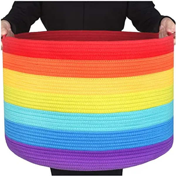 MINTWOOD Design Extra Large 22 x 14 Inch Rainbow Blanket Basket for Colorful Room Decor, Playroom & Classroom Storage Basket, Decorative Cotton Rope Basket, Toy Storage Baskets & Rainbow Storage Bins