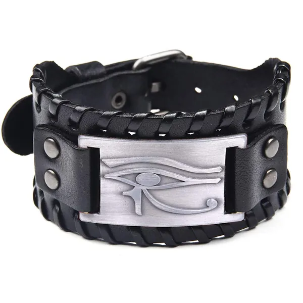 TURTLEDOVE Eye of Horus Leather Bracelet - Ancient Metal Leather Bracelet with Egyptian Amulet - Black