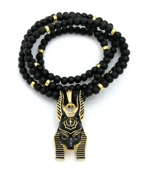 Egypt God Anubis Head Pendant 6mm 30" Wooden Bead Necklace in Gold, Silver Tone - Gold+Black/ 6mm 30" Wooden Bead
