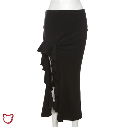 Black Split Ruffle Skirt - black / M