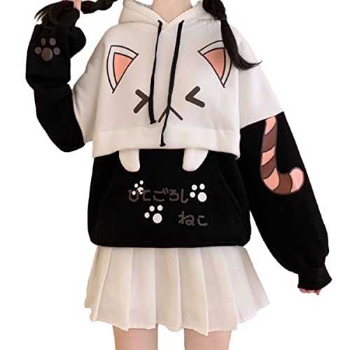 Cute Cat Graphic Hoodies Pullover Teen Girls Japanese Kawaii Anime Print Hooded Sweatshirt Fashion Tops - Black