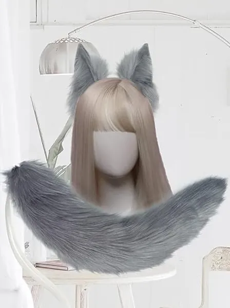 CoFoWo Handmade Grey Cat Fox Wolf Ears and Tail Set,Animal Tail Cosplay, Halloween Christmas Fancy Party Furry Costume, Funny Gifts(Pure Grey) - Over size - Pure Grey