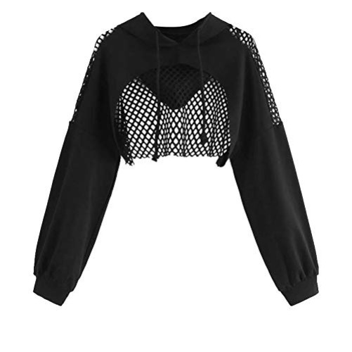 LIUguoo Women's Mesh Solid Cut Out Front Long Sleeve Pullover Crop Top Hoodie Sweatshirt Y2K E-Girl Streetwear - Black - Large