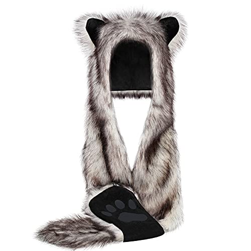 Wolf Faux Animal Hoods Hat Furry Hat Mittens Gloves Scarf Paws Ears Wolf Accessories - White
