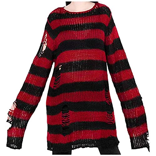 Cropped Cardigan Women Sweater For Punk Gothic Hollow Out Hole Broken Jumper Knit Halloween Pullovers - One Size - Red