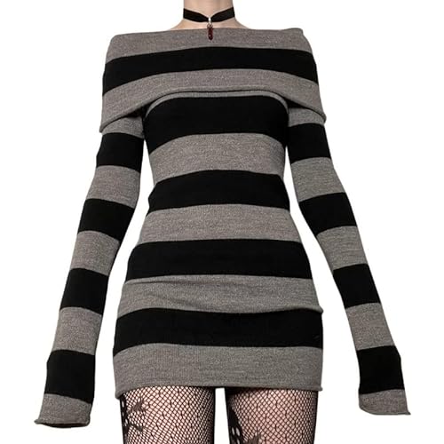Women Goth Dresses Striped Off Shoulder Knit Dress Y2k Fairy Grunge Mini Dress 90s E-Girl Punk Gothic Academia Dress - Aa Off Shoulder Black - Medium