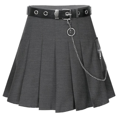 'Onyx' Black/Grey Grunge Chain Belt Pleated Skirt - Grey / M